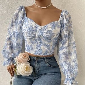 Floral Print Flounce Sleeve Ruched Chiffon Blouse